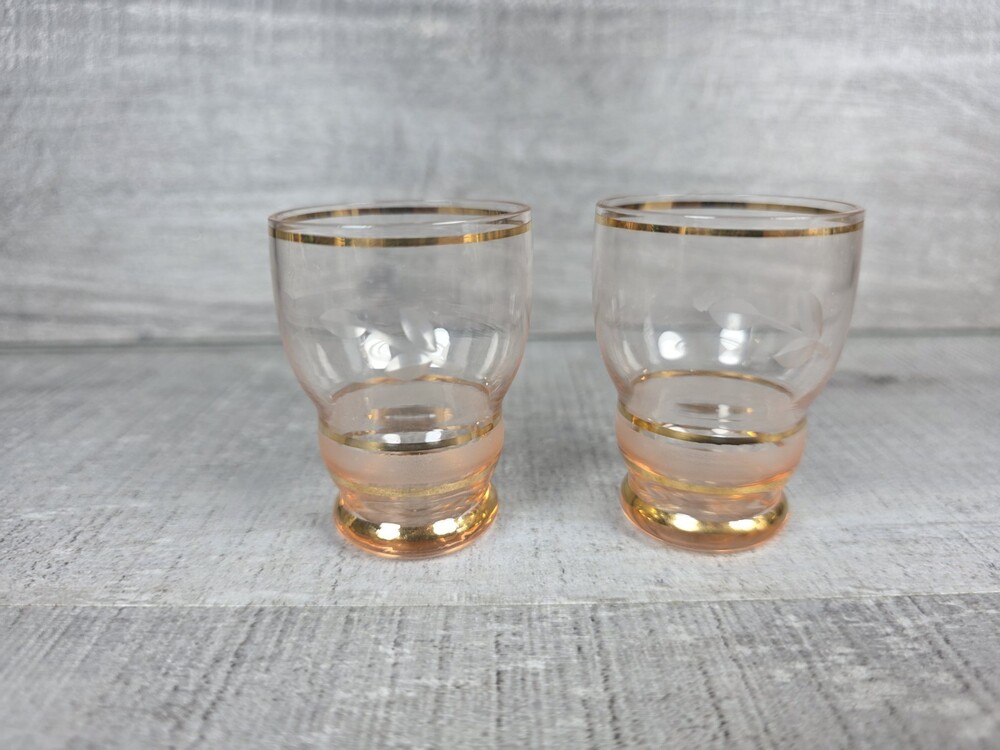 Mid Century Art Deco Bohemian Pink Glass Gold Stripe Set Shot Glasses g71g3